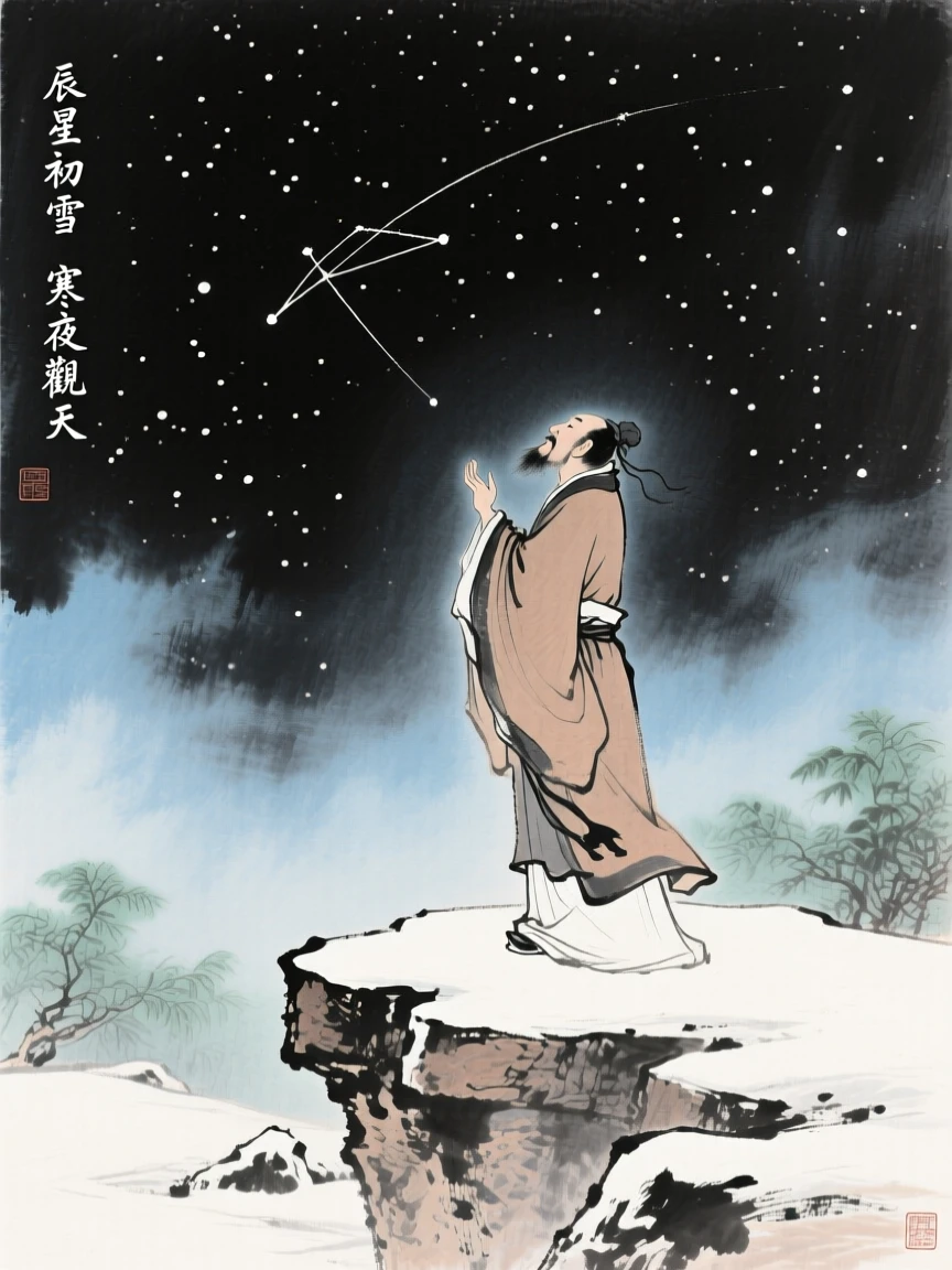 An ancient astronomer observing the stars from a stone platform at night, through a light drifting mist, suffused with quiet joy, under the first snow of winter.