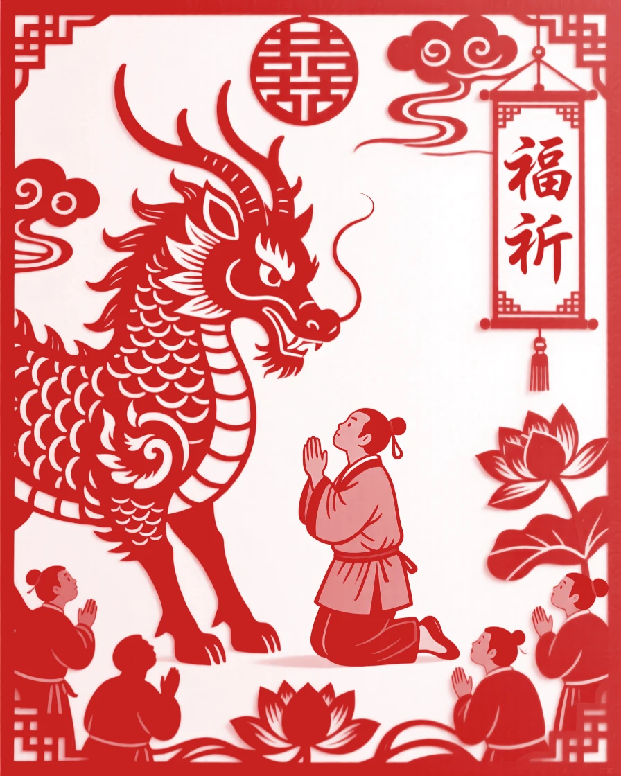 A guardian qilin, granting a wish to a kneeling villager, as mortal onlookers watch in awe from below.