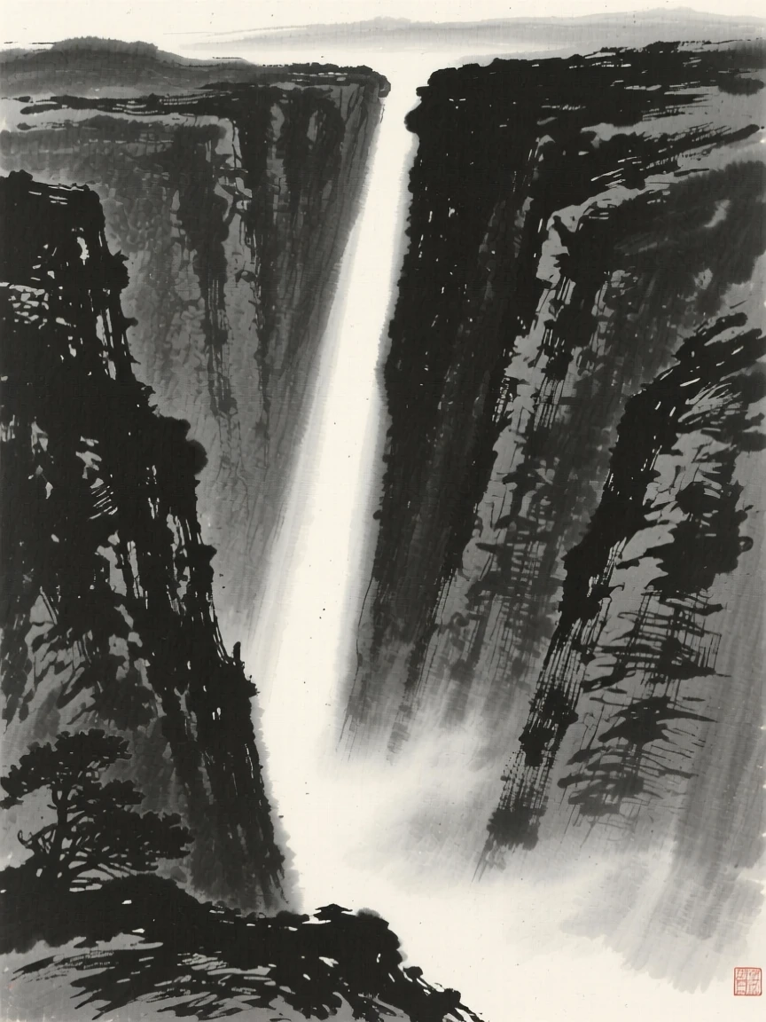 A narrow canyon lit by a single shaft of daylight as thin mist rolls slowly through the lower valley, viewed from a high vantage point looking down across the whole scene, capturing a fleeting, serene moment suspended in time.