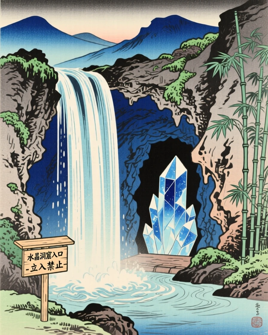 A hidden waterfall entrance to a crystal grotto, tucked behind a curtain of falling water.
