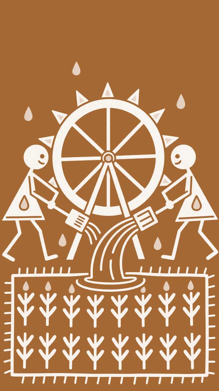 Two farmhands irrigating a field using a hand-drawn water wheel.