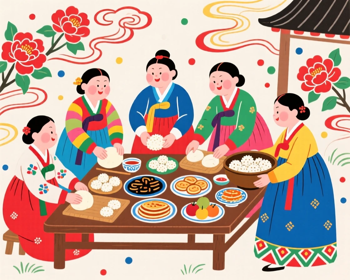 A group of women in traditional dress preparing festival foods together.