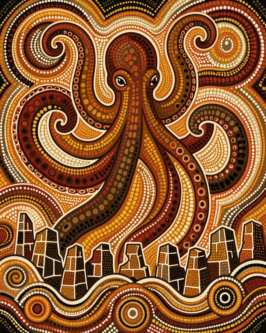 A kraken rising above ancient ruins