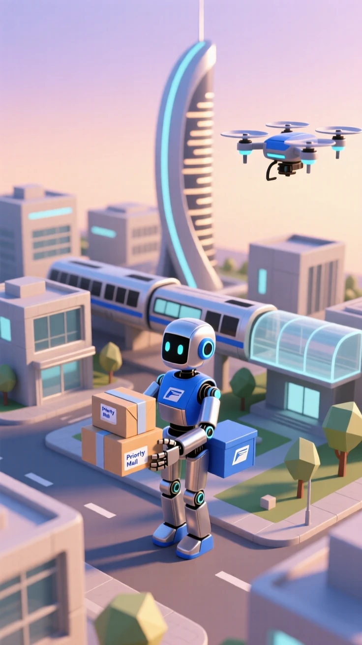 A robot postal worker delivering packages via hover drone across a sleek futuristic neighborhood at dawn.
