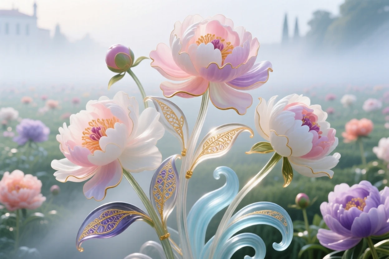 A field of blooming peonies unfurling beneath a soft morning mist, lush and romantic.