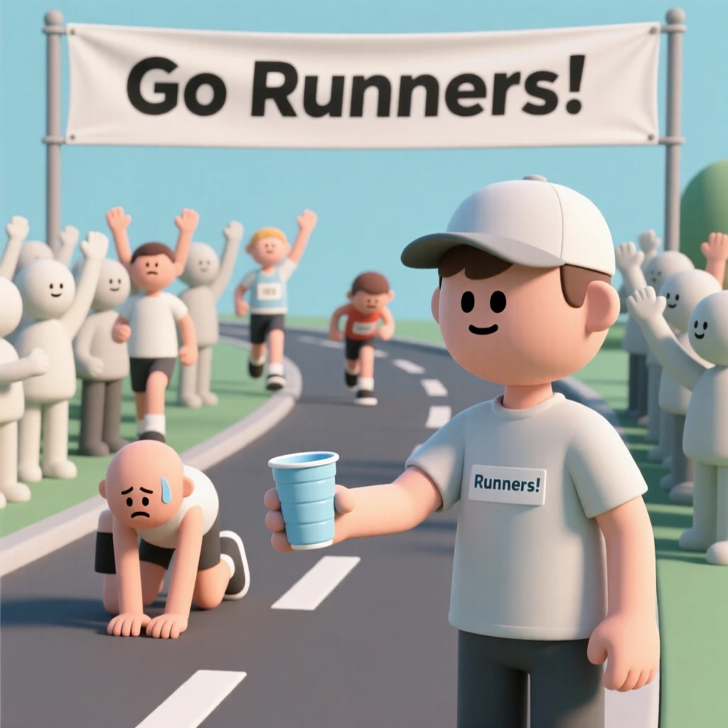 A determined marathon volunteer hands out water cups to exhausted runners along a cheering race route.