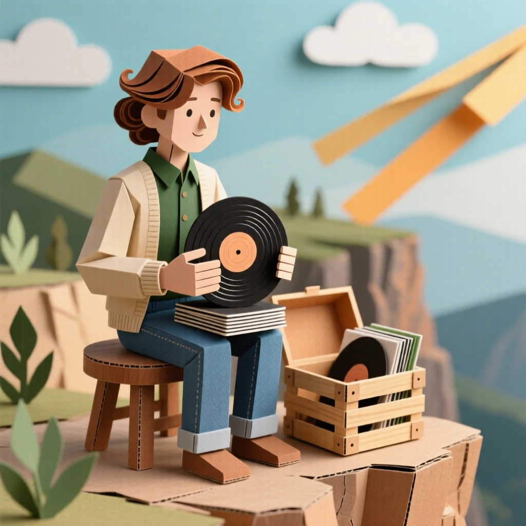 A vintage vinyl collector perched on a scenic cliffside overlook, with warm natural light streaming in, capturing mindful, patient craftsmanship.