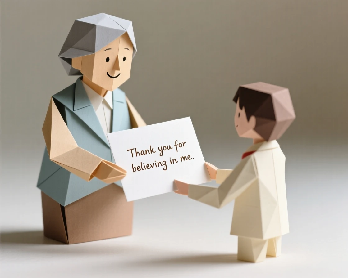 A teacher receiving a heartfelt thank-you card from a former student years later.