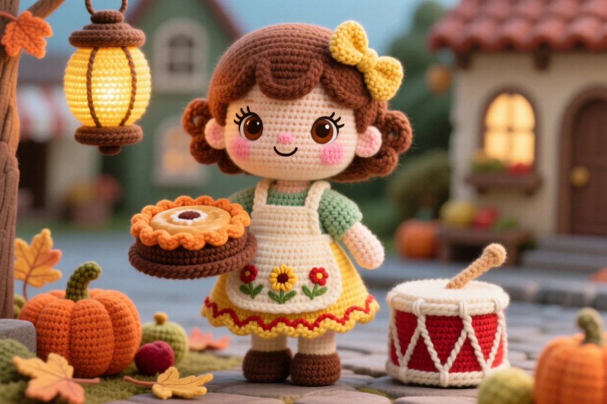 a little girl wearing a traditional apron dress, for a harvest thanksgiving feast, is shown helping carry a dish to the table in a lantern-lit village square beside a small drum resting nearby, capturing the cheerful spirit of a beloved tradition.