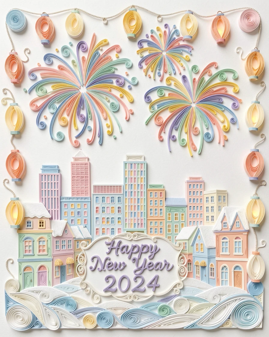 a New Year's Eve fireworks display over a city skyline, in a snow-covered village square, framed by strings of glowing lanterns, in bright cheerful pastel spring colors.