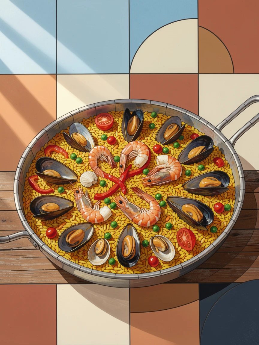 A sizzling paella pan filled with saffron rice, seafood, and vegetables, styled beautifully with warm natural window light.