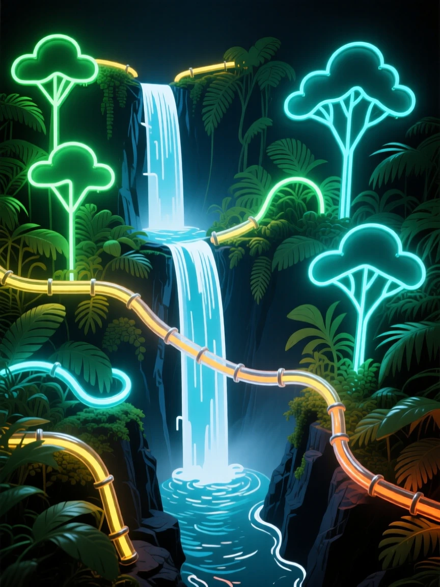 A dramatic aerial view looking down over a chain of waterfalls dropping through a jungle gorge.