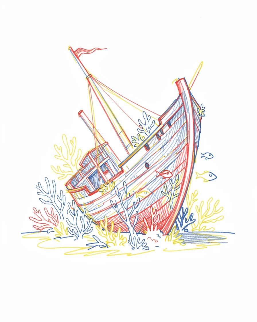 A shipwreck now overgrown with coral, fish swimming through its hull