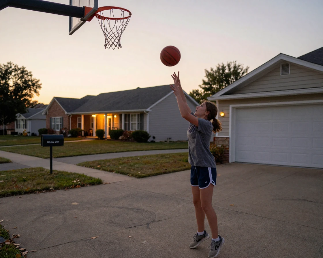 A young girl practices her free throws alone on a driveway basketball hoop at dusk.
