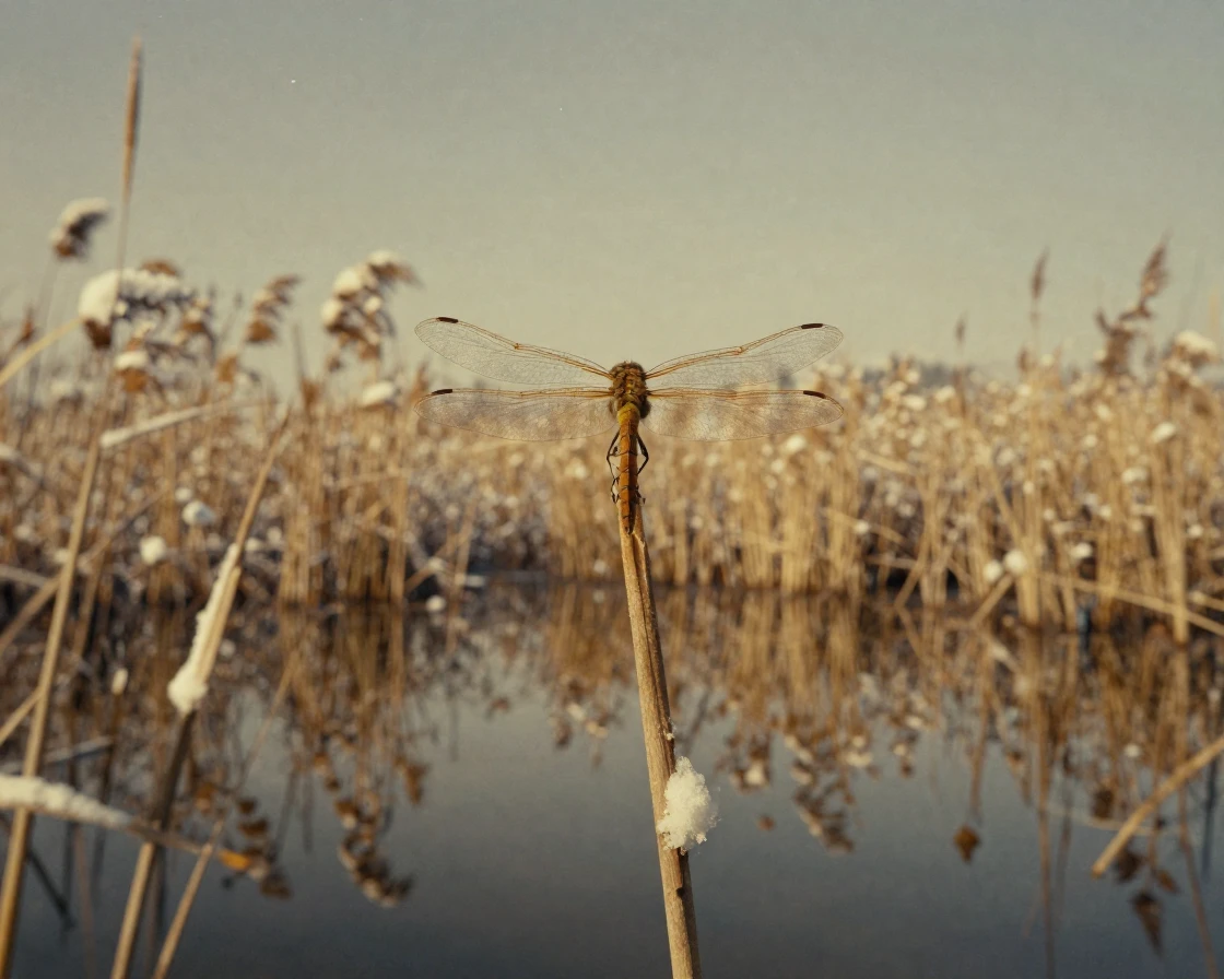 A dragonfly perched on a reed above a still pond, under a canopy of stars, in still, windless air, under the first snow of winter, in warm honey and cream tones, shot from directly overhead.