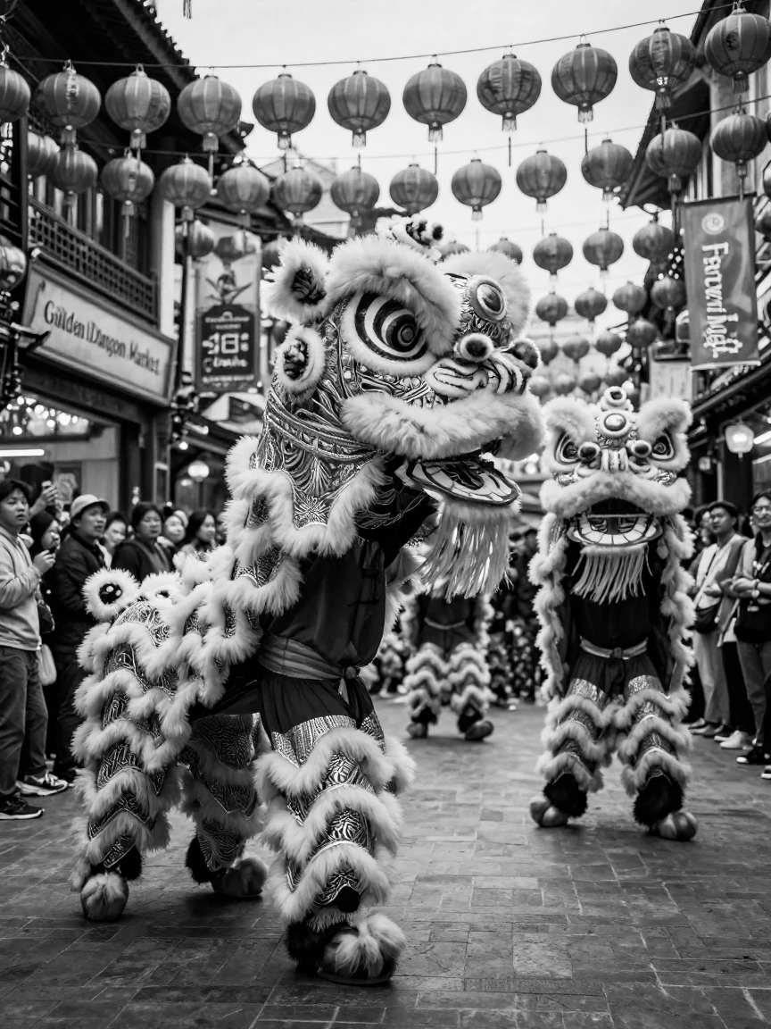 A troupe of lion dancers perform beneath strings of red lanterns along a crowded festival street.