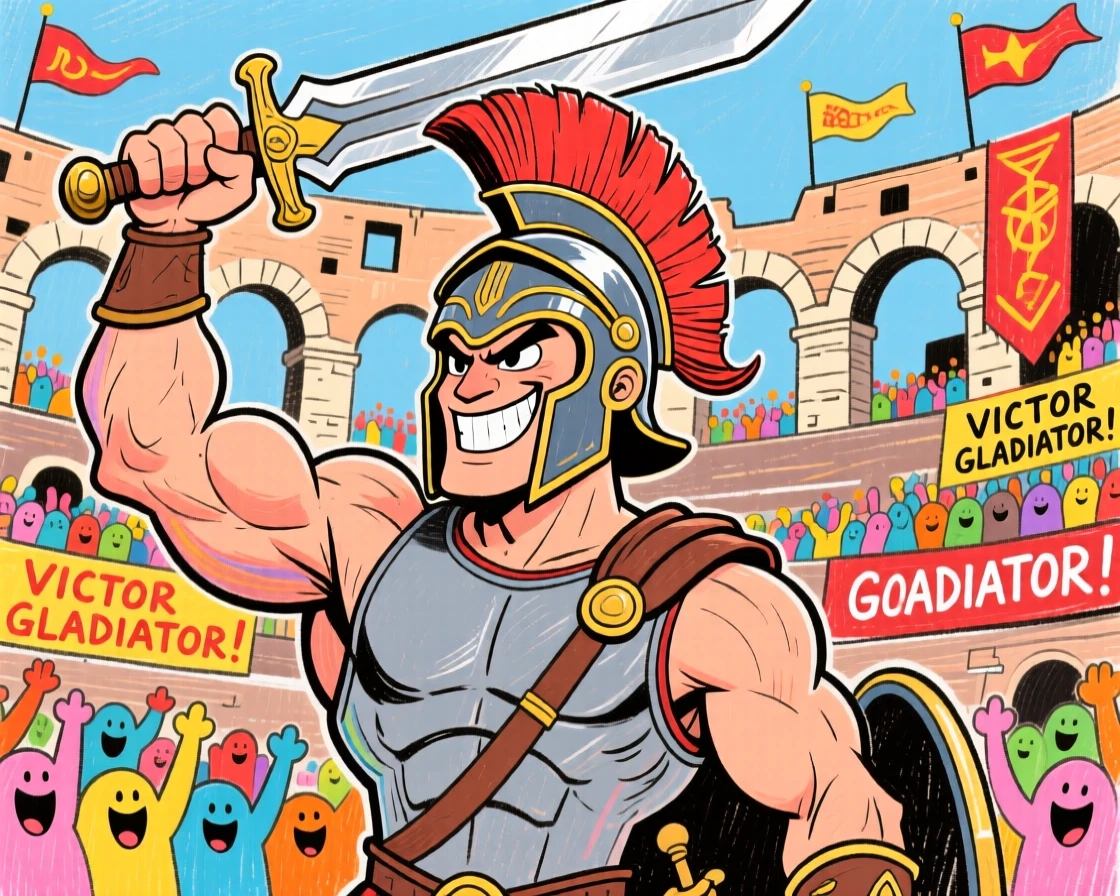 A Roman gladiator standing triumphantly in the coliseum, sword raised to a cheering crowd.