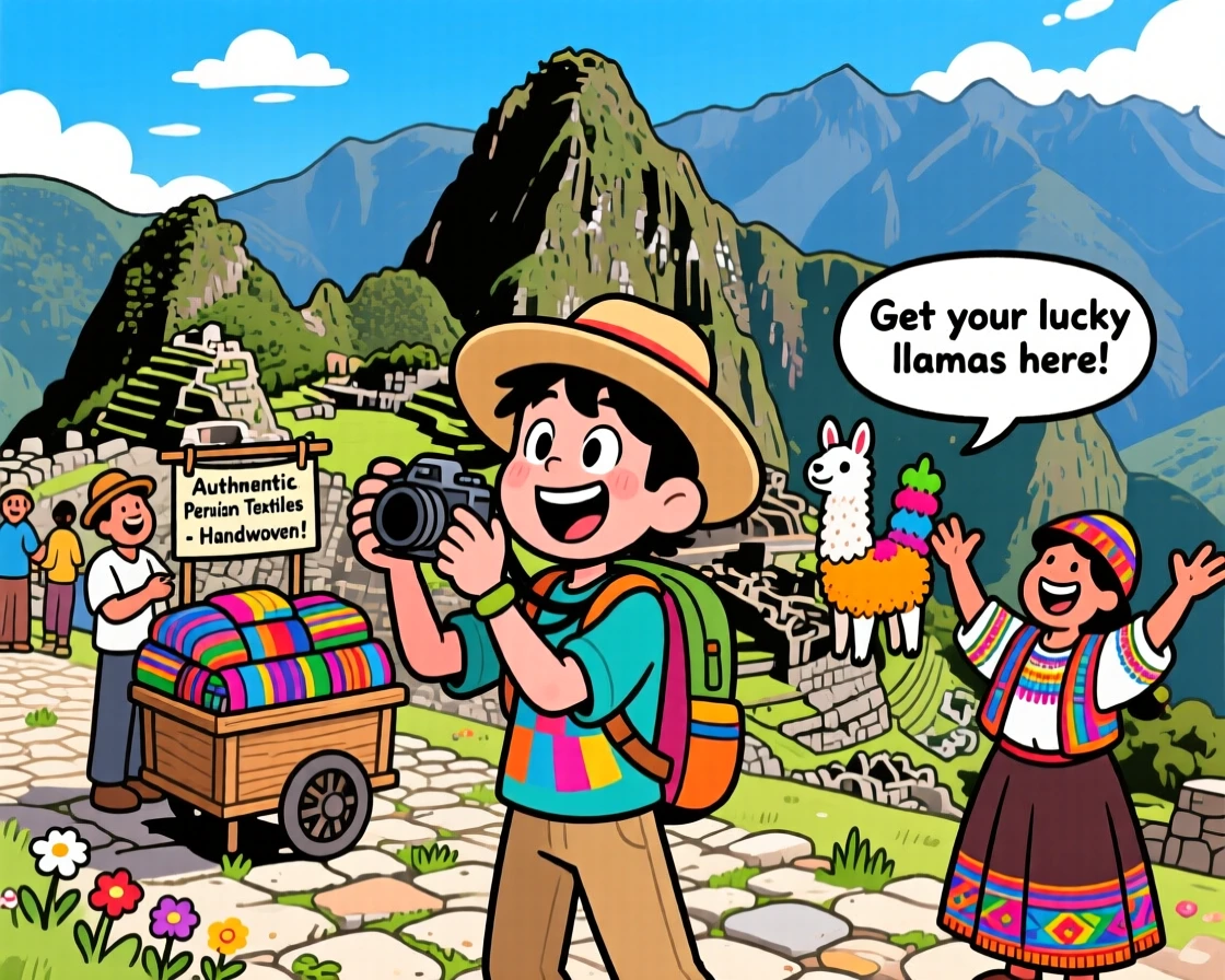 An iconic travel scene featuring a delighted tourist exploring the ancient ruins of Machu Picchu, as street vendors call out cheerfully nearby.