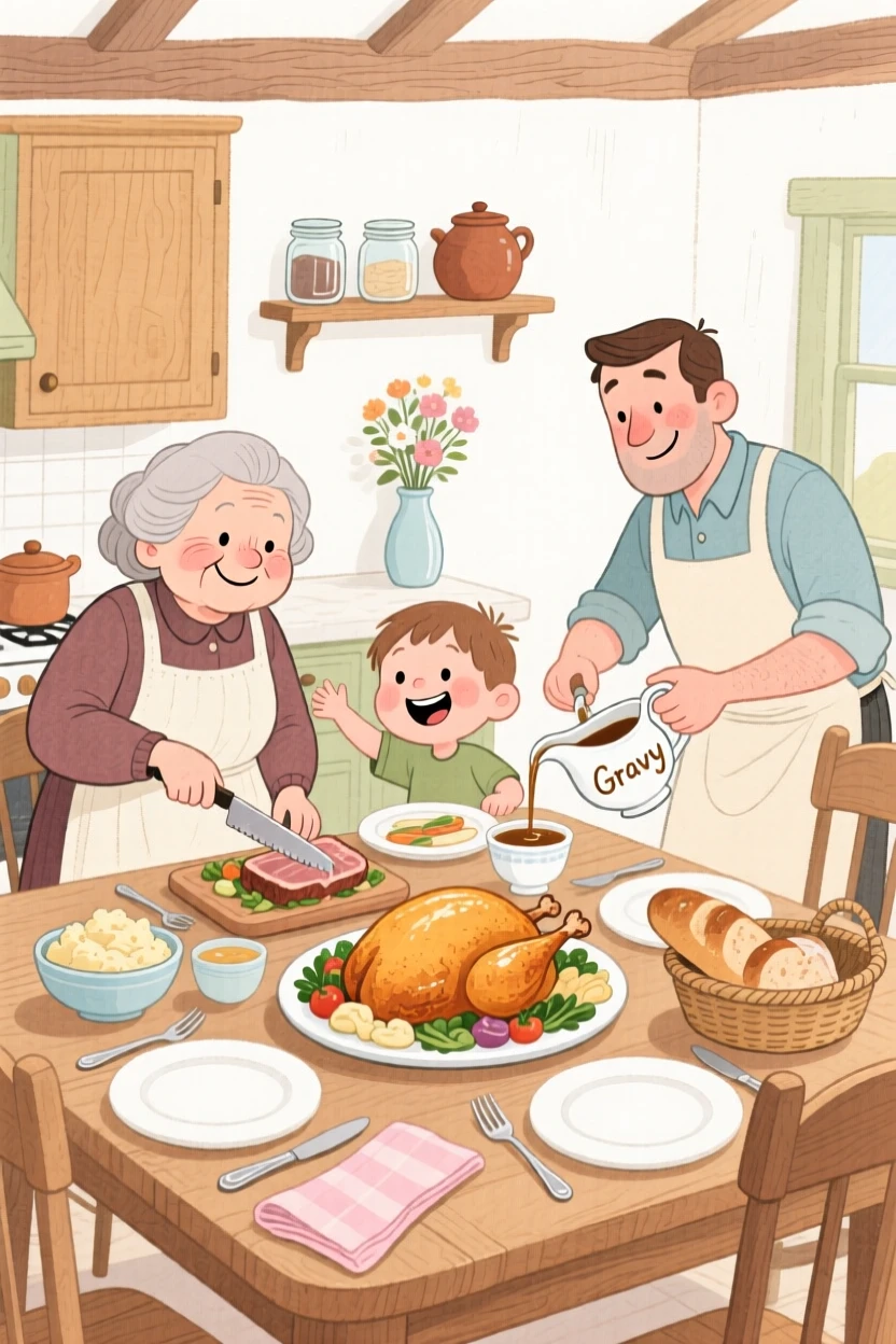 A cozy, appetizing, warm and inviting scene of a farmhouse kitchen table set for a Sunday roast dinner