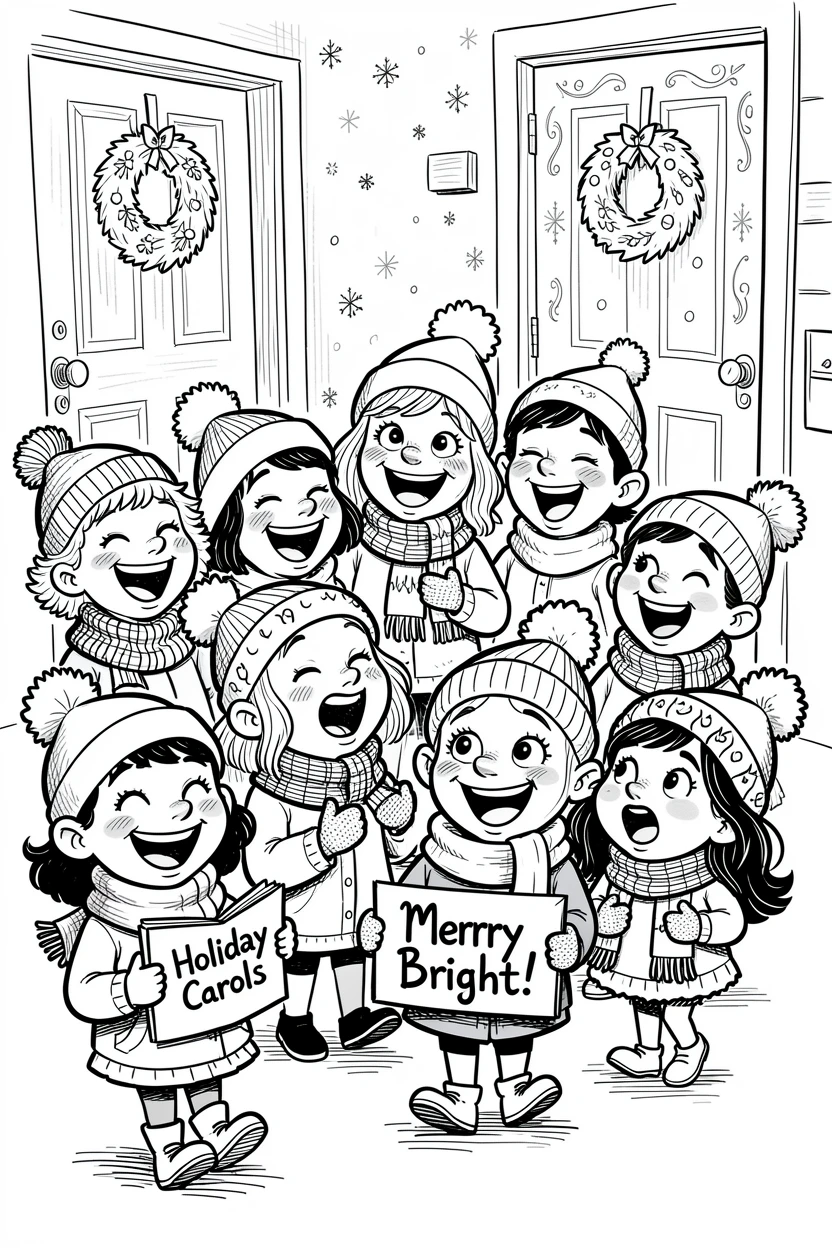 [Seasonal Holidays & Celebrations] Festive scene of a festive school class singing carols door to door, full of celebration and joy
