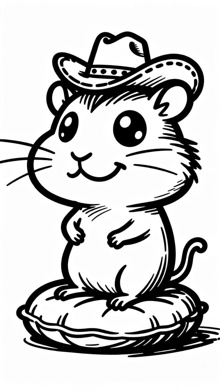 A hamster wearing a tiny cowboy hat, sitting proudly on a saddle-shaped cushion.