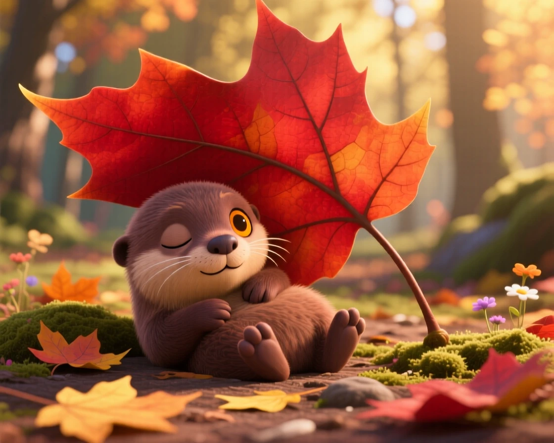 A curious otter pup is tucked under a giant maple leaf, blinking sleepily at the camera. A quiet, comforting sweetness surrounds the scene, with a faint smile-like expression.