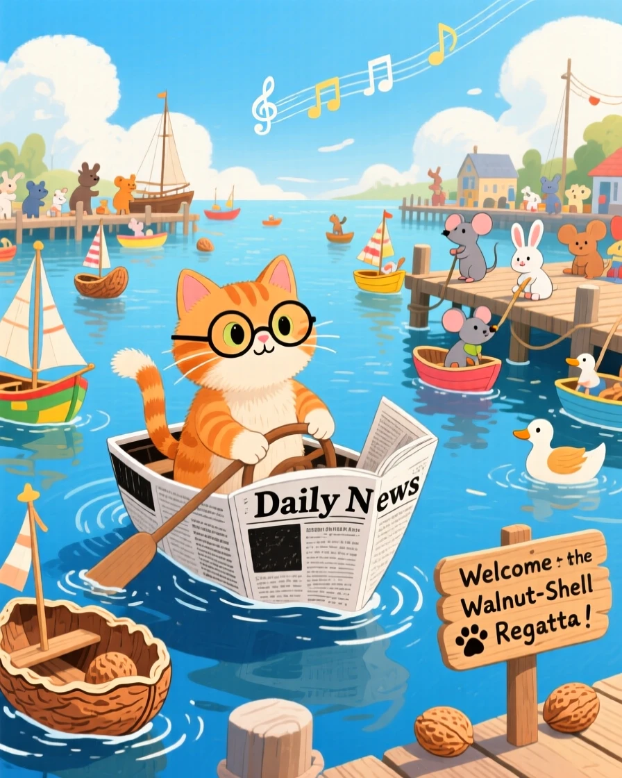 A cat wearing tiny spectacles is sailing a boat made from a folded newspaper in a bustling harbor for walnut-shell boats, as a soft melody seems to hum through the air.