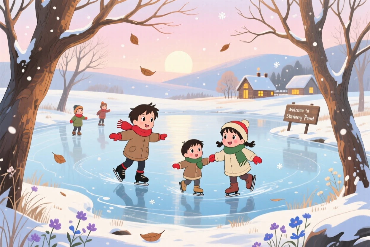 A winter scene of a frozen pond where children skate under bare trees, with a gentle breeze stirring the scene.