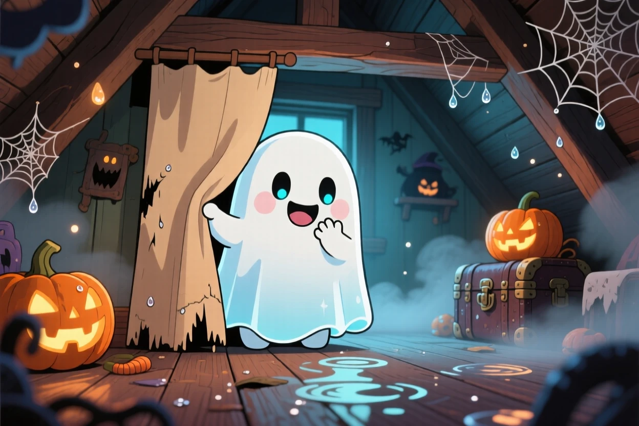 A round friendly ghost playing peekaboo behind a curtain in a cozy haunted attic on a misty foggy morning; shimmering reflected light off water washes over the scene as curious excitement fills the moment. Worm's-eye view.