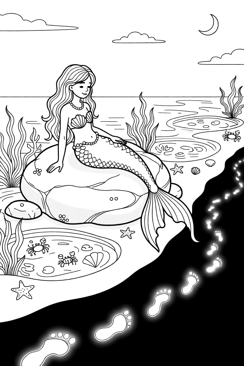 A mermaid resting on a rock surrounded by tide pools, with a trail of glowing footprints leading into the dark.