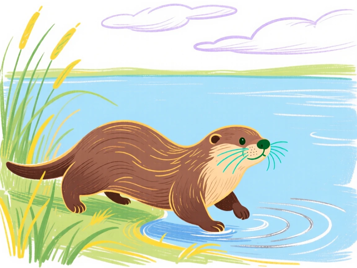 A playful otter exploring beside a still lake on a quiet summer afternoon.