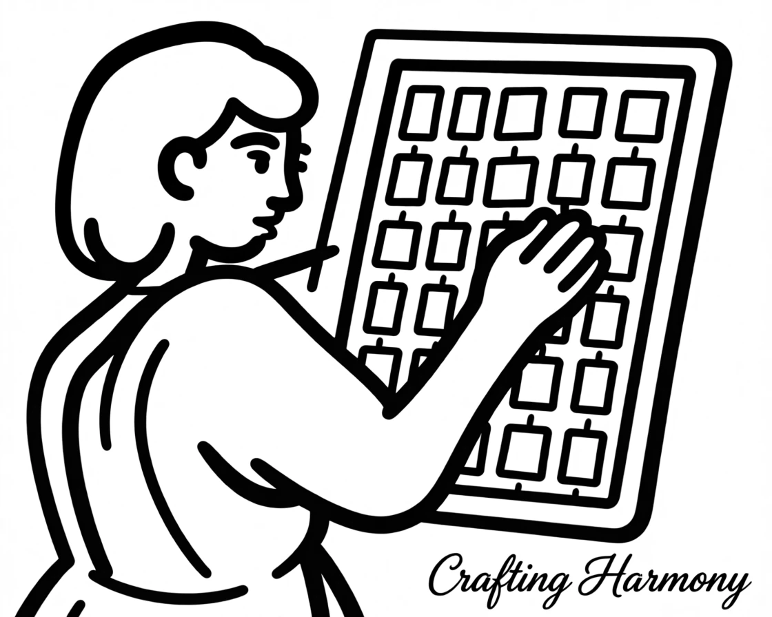 A quilter arranging colorful fabric squares on a large frame.