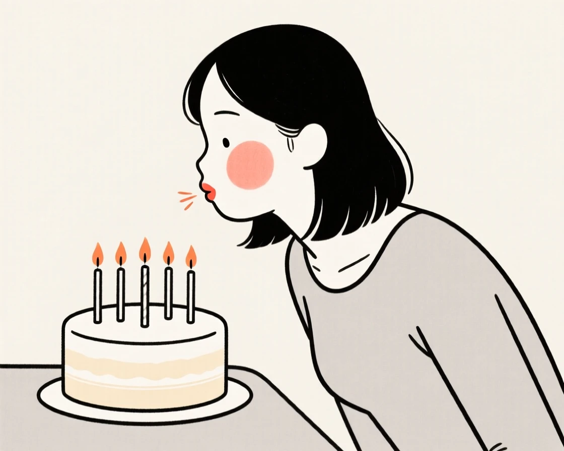 A grown woman blowing out birthday candles.