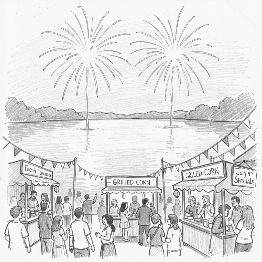 A joyful holiday moment: a Fourth of July fireworks display over a lake in a bustling holiday market, with decorations catching the eye at every turn.