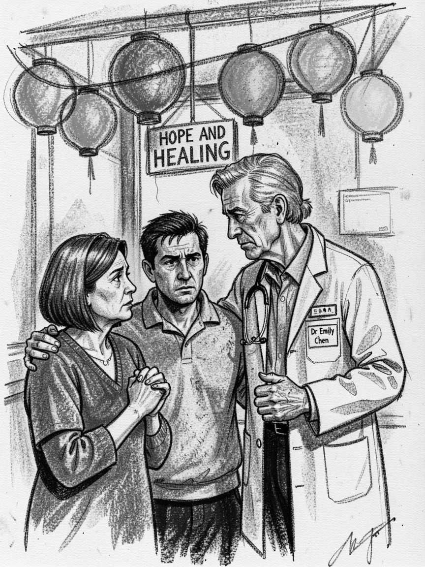 A doctor comforting a patient's worried family, under a canopy of colorful lanterns.