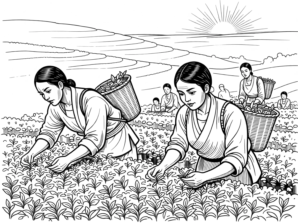 A traditional tea plantation harvest with workers gathering leaves at dawn.