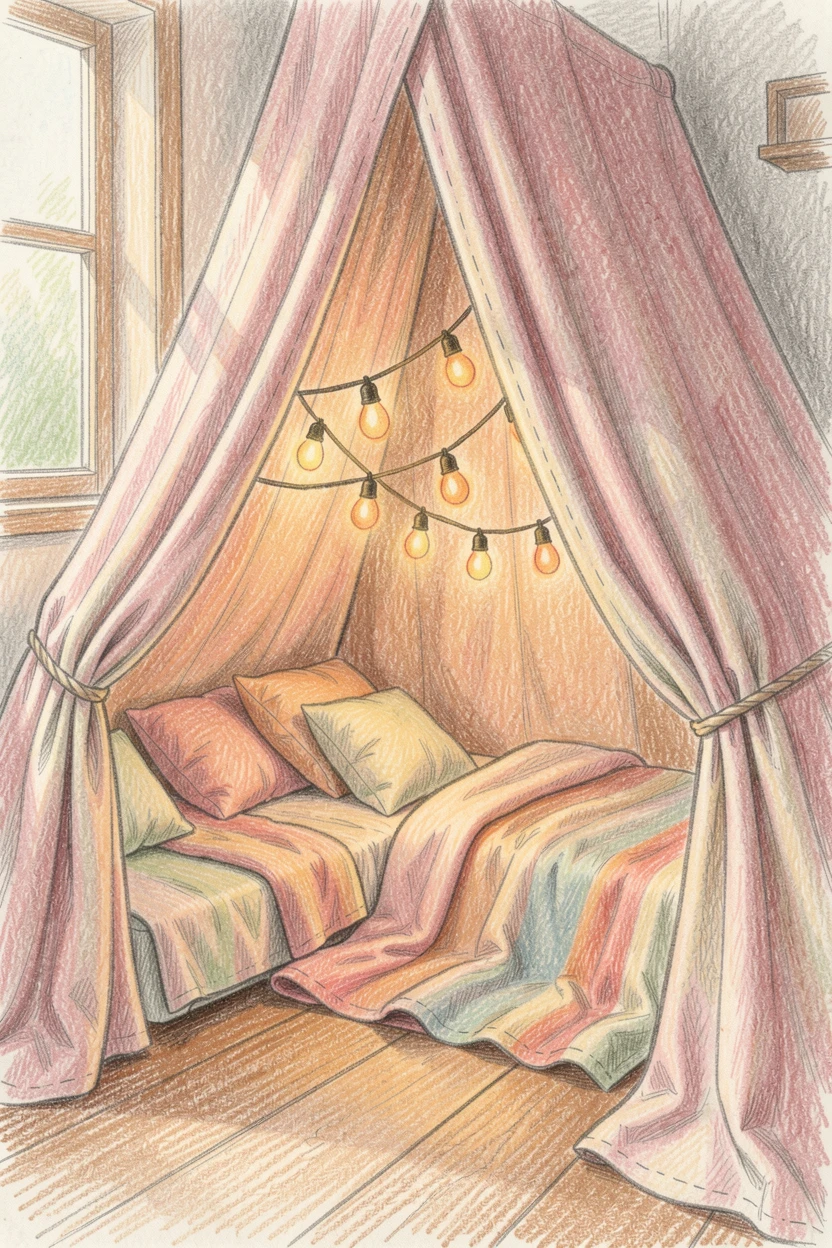 A cozy blanket fort glowing softly with string lights inside, with soft, natural light bringing warmth to every detail, radiating comfort, joy, and quiet beauty.