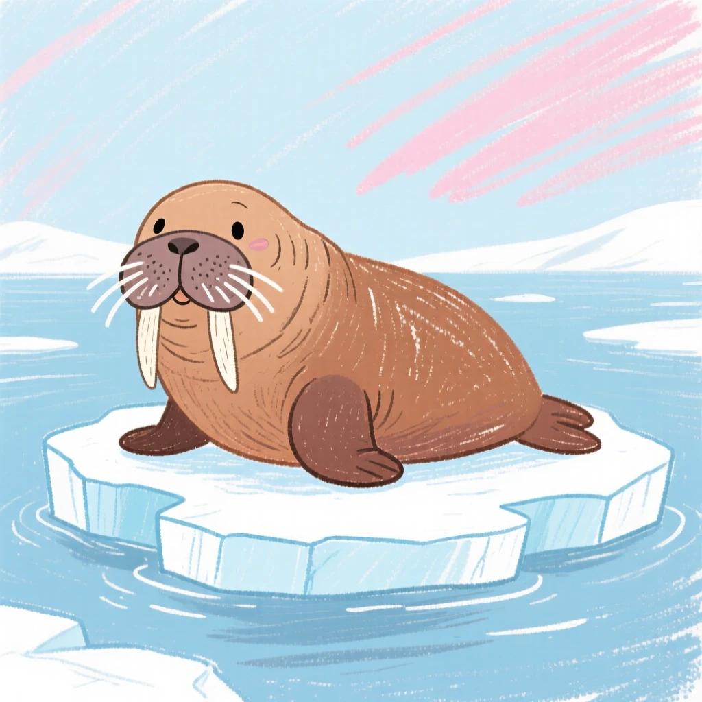 A walrus basking on an ice floe under a pale arctic sky.