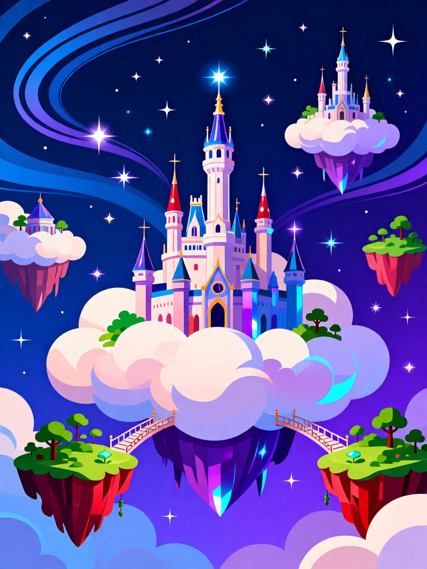 A dreamlike cloud kingdom with towers reaching toward the stars, set within a dreamlike sky filled with floating islands, framed with a grand, sweeping sense of wonder and scale, with rich jewel tones that evoke wonder and imagination.