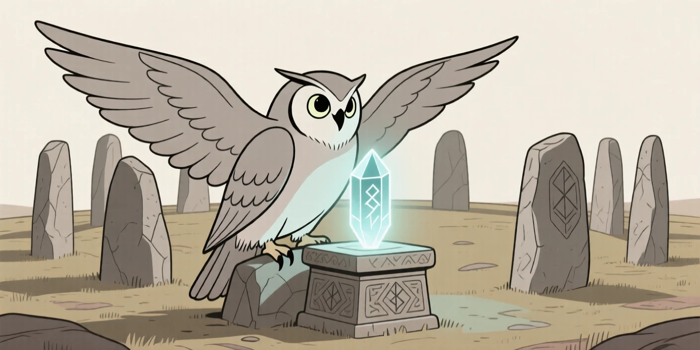 A mystical owl guardian guarding an ancient relic near an ancient stone circle.