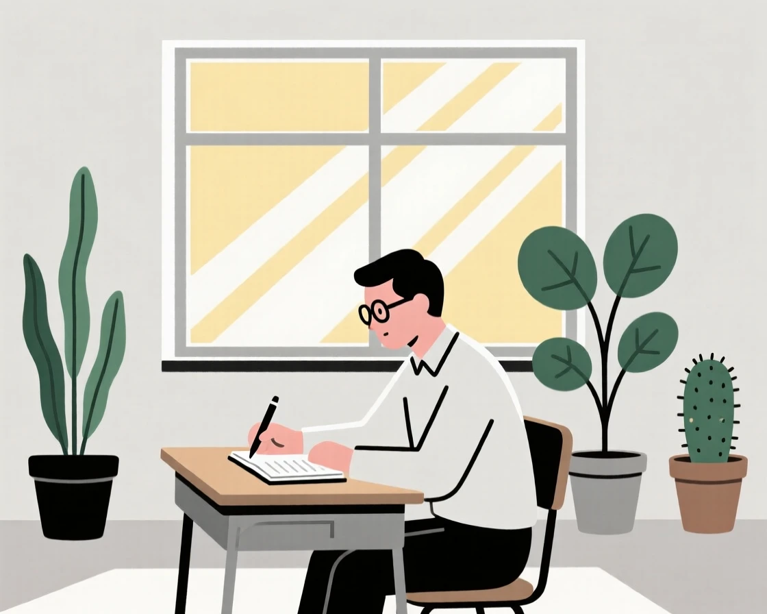 A focused journalist working at a sunny classroom, surrounded by potted plants, expressing focused determination.