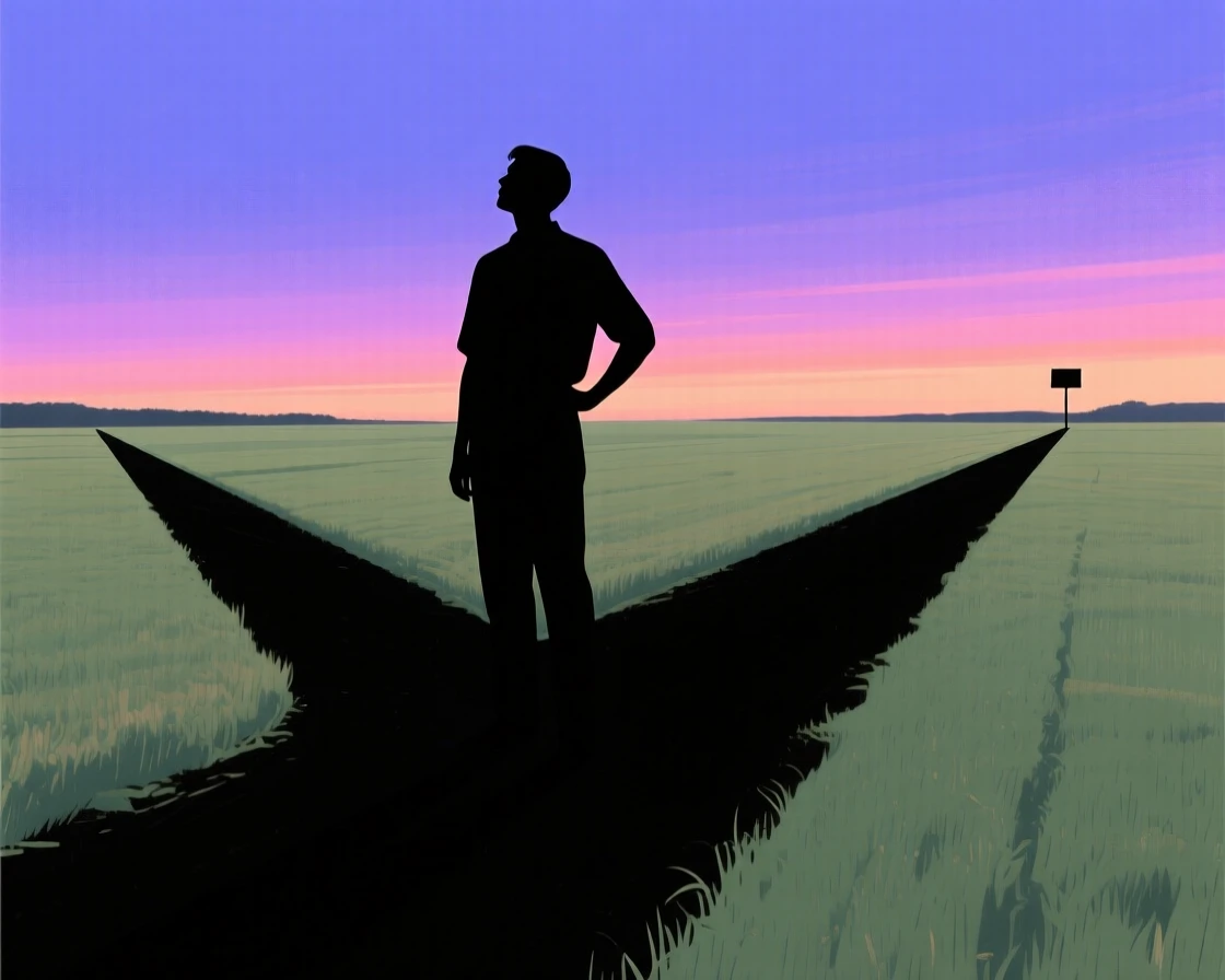 A person standing at a crossroads where two paths diverge into open fields.