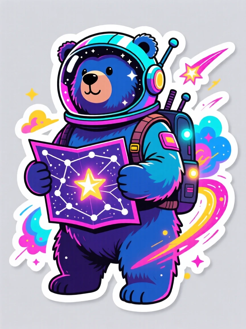 A brightly stylized galactic explorer bear holding a star map, ready for the next big adventure, in a scene bursting with energy and color.