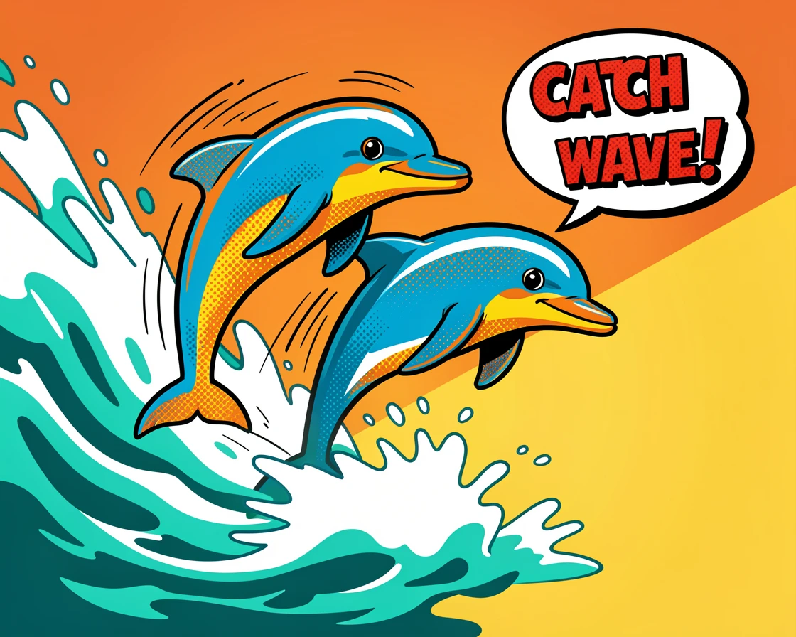 A pair of playful dolphins surfing a boat's wake