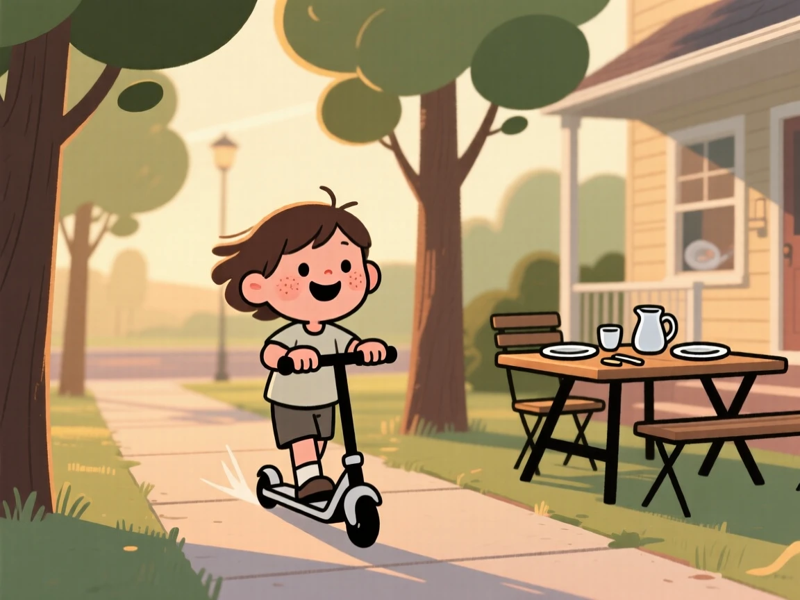 A child rides a scooter down a tree-lined sidewalk on a warm summer evening, laughing with the wind in their hair as the clink of dinner being set out drifts from a nearby porch.