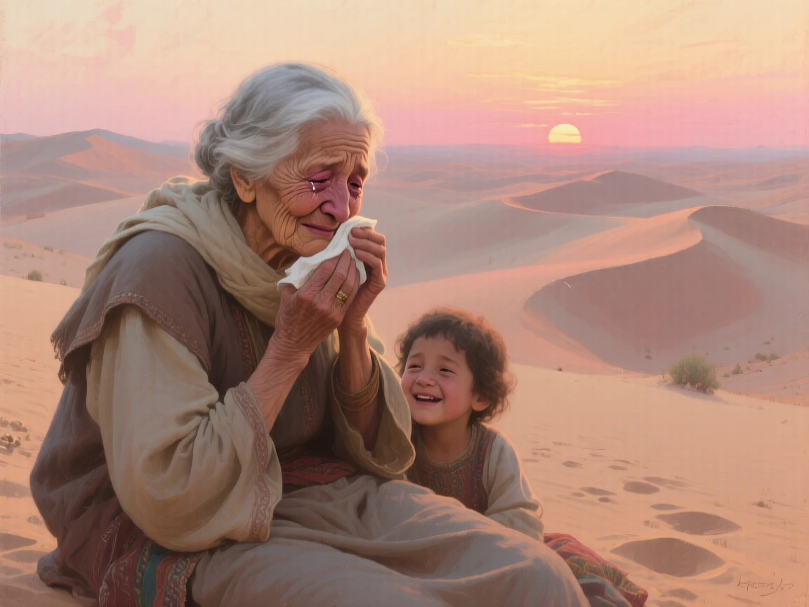 A well-framed scene of a grandmother wiping away tears of joy at a family wedding, in the Sahara desert, in the last light of sunset.