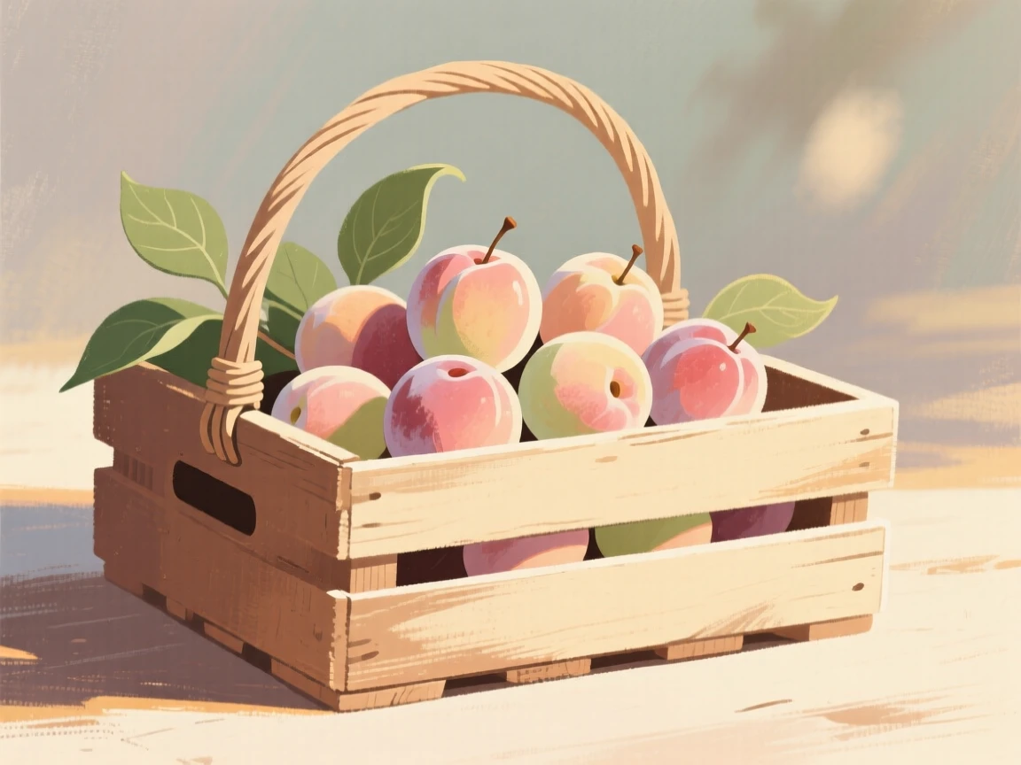 A basket of freshly picked plums beside a rustic wooden crate