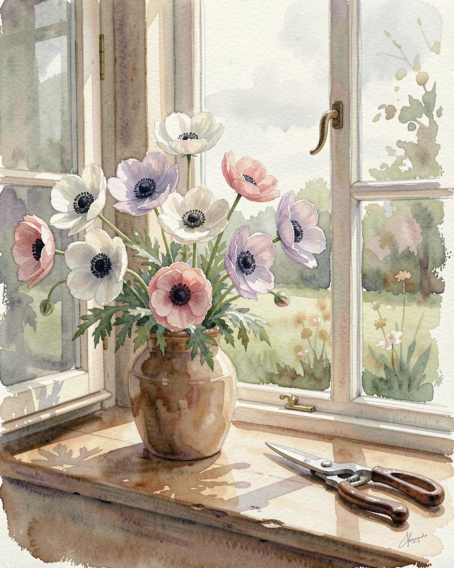 A bouquet of anemones beside an open window with a pair of garden shears nearby.