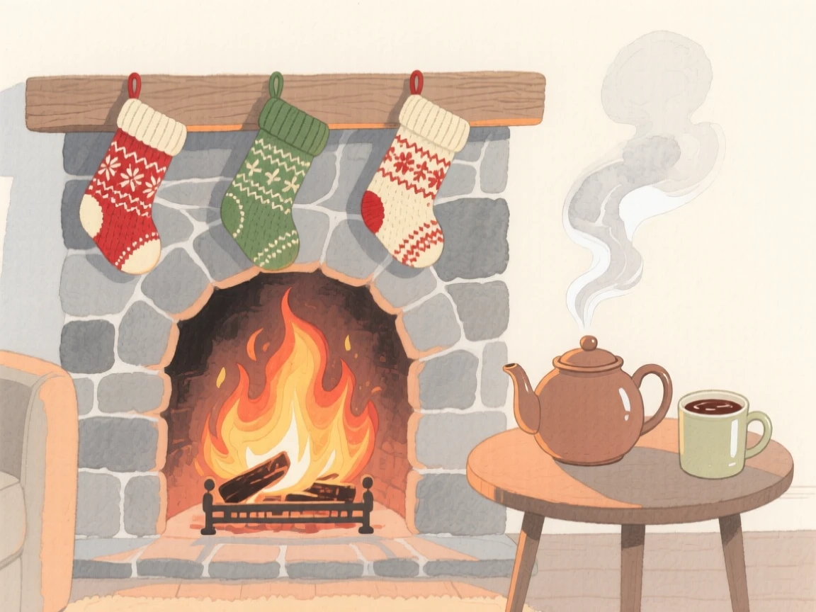 A living room with a crackling fire, knitted stockings on the mantel, and a steaming pot of cocoa on a side table