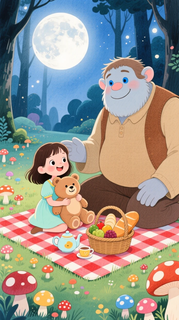 A girl clutching a stuffed bear sharing a picnic with a kind-hearted giant inside a moonlit clearing full of mushrooms.